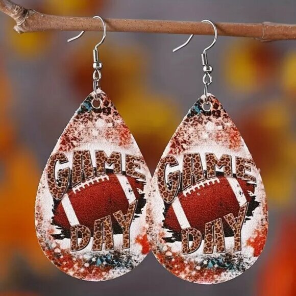 Football Game Day Teardrop Dangling Earrings Red Brown 2.28" Drop - Picture 3 of 7